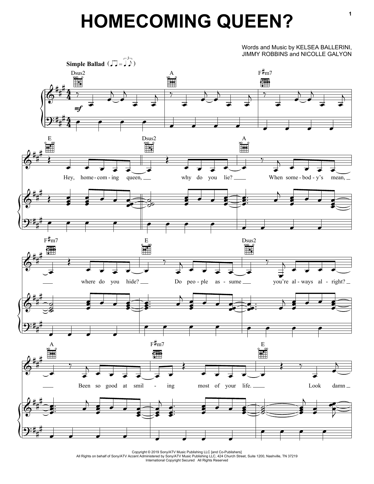 Kelsea Ballerini homecoming queen? Sheet Music Notes & Chords for Piano, Vocal & Guitar (Right-Hand Melody) - Download or Print PDF