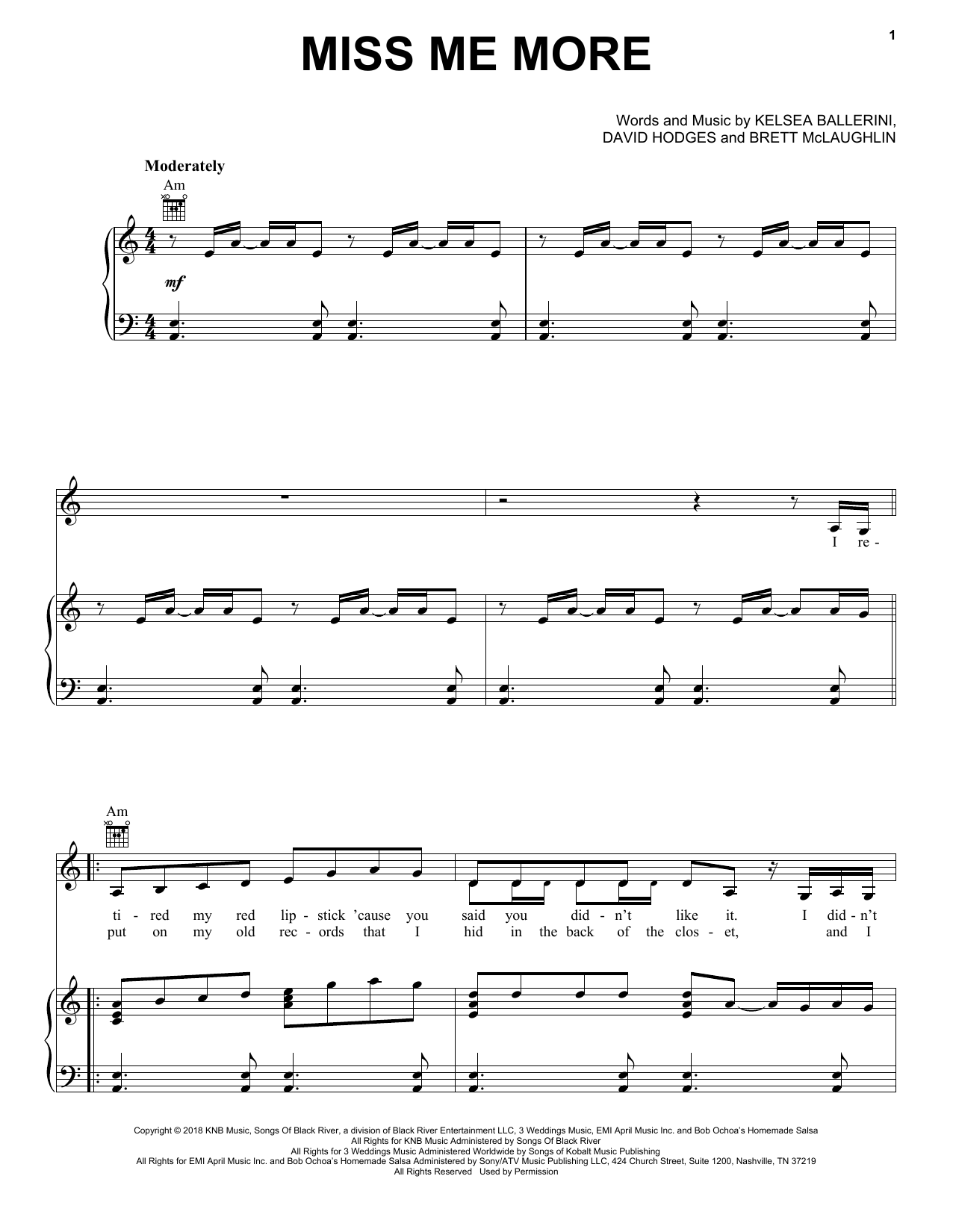 Kelsea Ballerini Miss Me More Sheet Music Notes & Chords for Piano, Vocal & Guitar (Right-Hand Melody) - Download or Print PDF