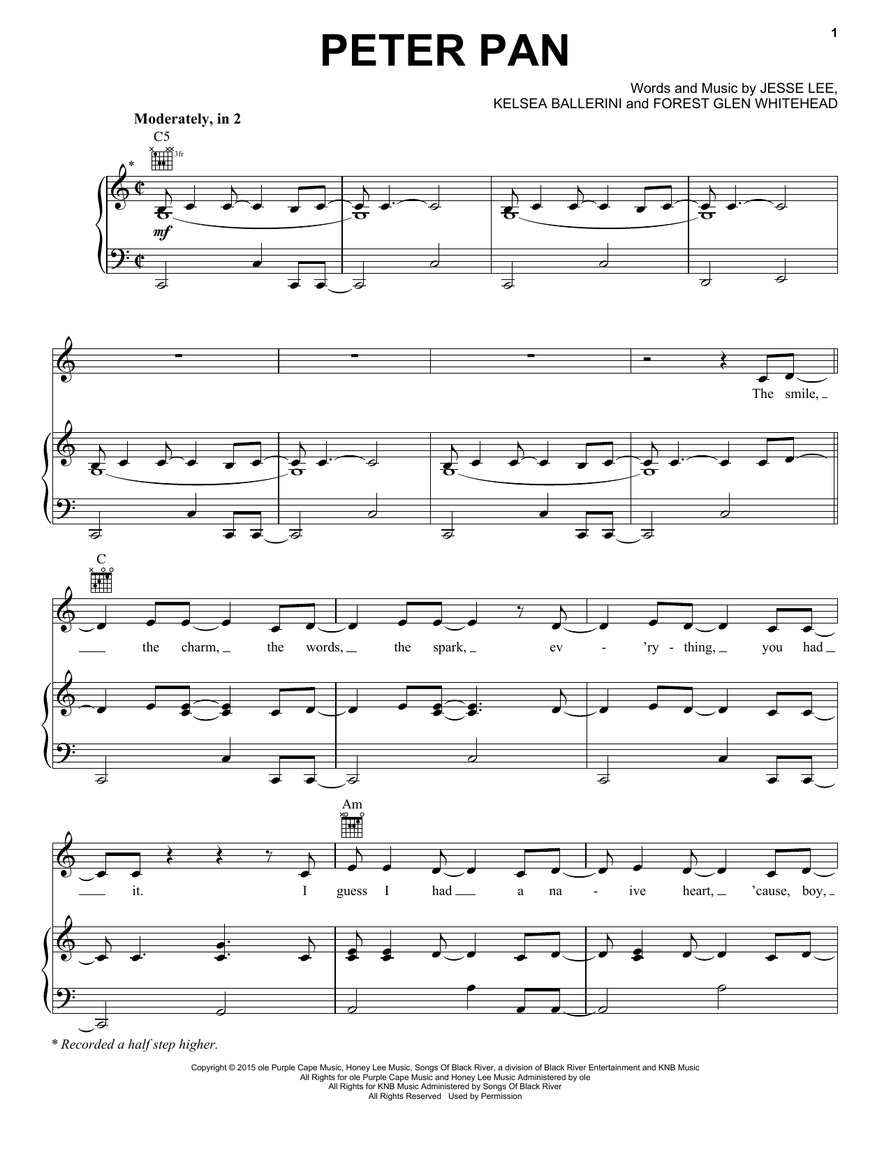 Kelsea Ballerini Peter Pan Sheet Music Notes & Chords for Piano, Vocal & Guitar (Right-Hand Melody) - Download or Print PDF