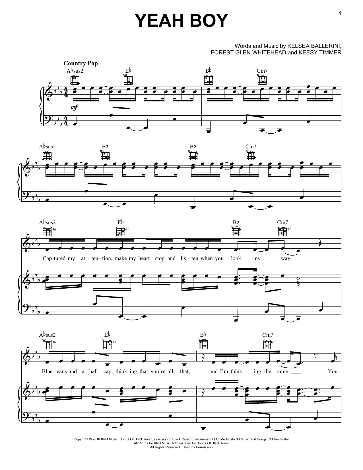 Kelsea Ballerini Yeah Boy Sheet Music Notes & Chords for Piano, Vocal & Guitar (Right-Hand Melody) - Download or Print PDF