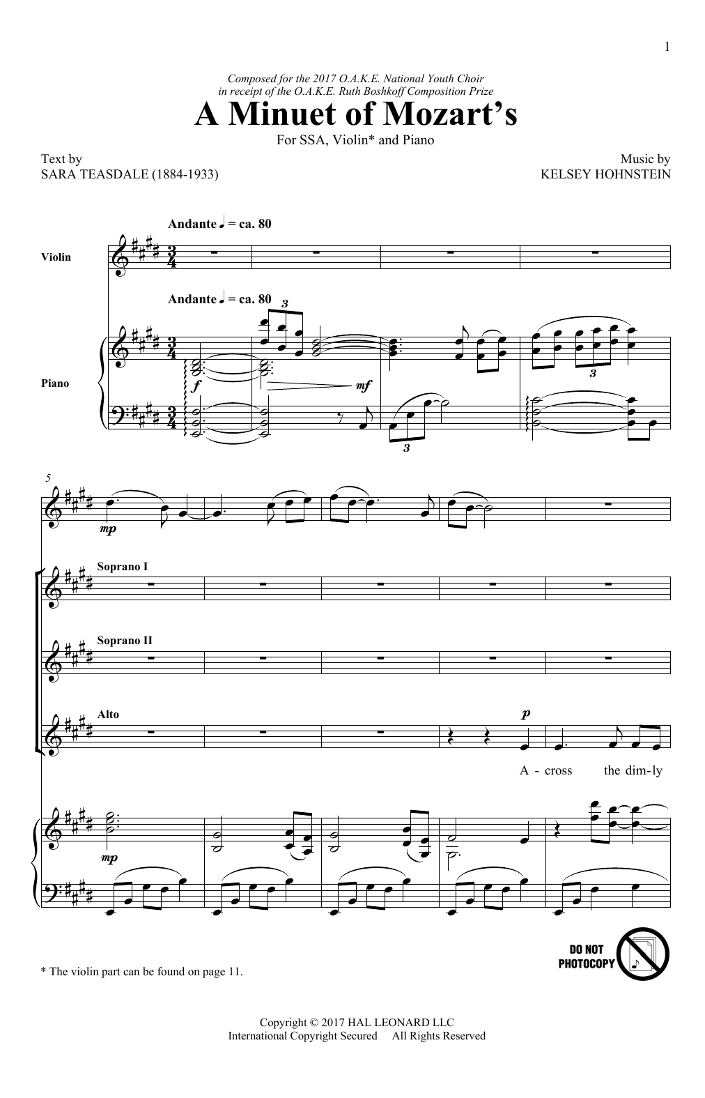 Kelsey Hohnstein A Minuet Of Mozart's Sheet Music Notes & Chords for SSA - Download or Print PDF
