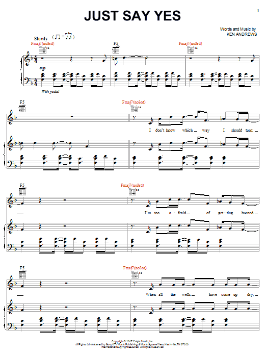 Ken Andrews Just Say Yes Sheet Music Notes & Chords for Piano, Vocal & Guitar (Right-Hand Melody) - Download or Print PDF