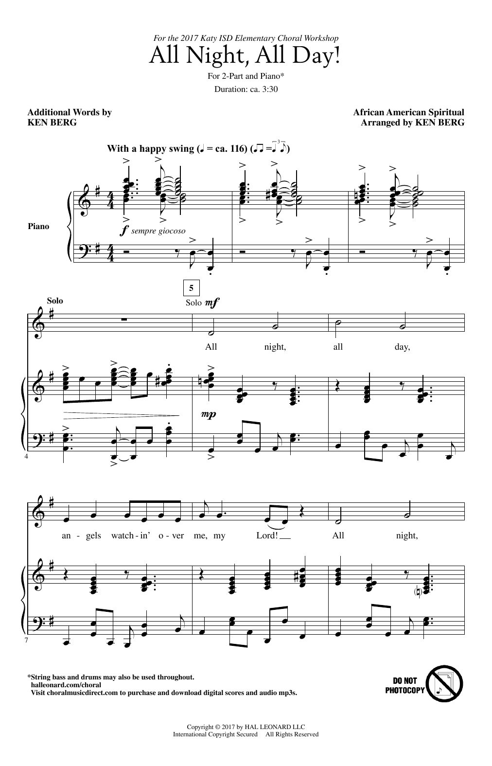 Ken Berg All Night, All Day Sheet Music Notes & Chords for 2-Part Choir - Download or Print PDF