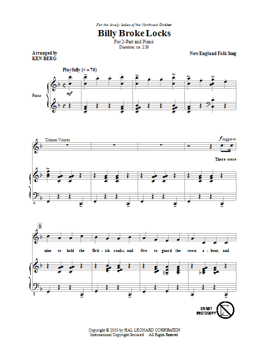 Ken Berg Billy Broke Locks Sheet Music Notes & Chords for 2-Part Choir - Download or Print PDF