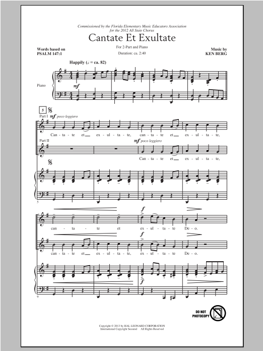 Ken Berg Cantate Et Exultate Sheet Music Notes & Chords for 2-Part Choir - Download or Print PDF