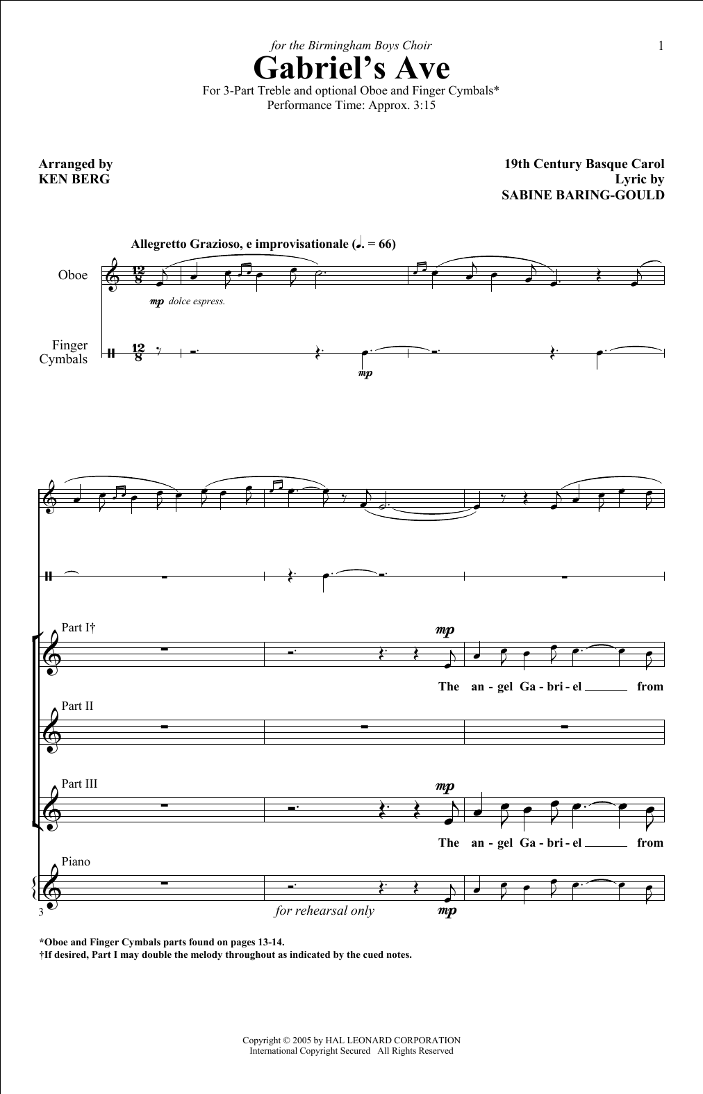 Ken Berg The Angel Gabriel Sheet Music Notes & Chords for 3-Part Treble - Download or Print PDF