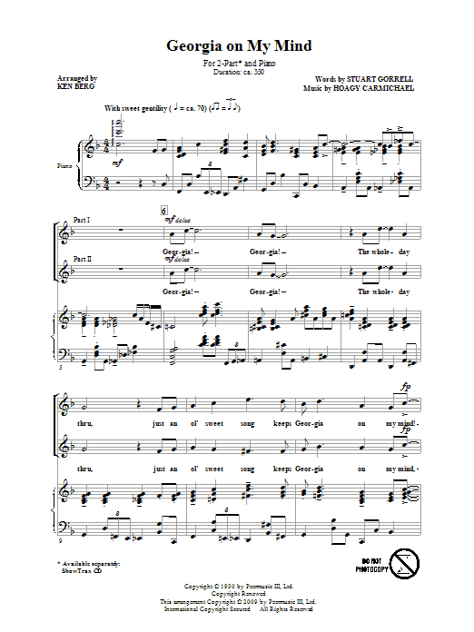 Ray Charles Georgia On My Mind (arr. Ken Berg) Sheet Music Notes & Chords for 2-Part Choir - Download or Print PDF