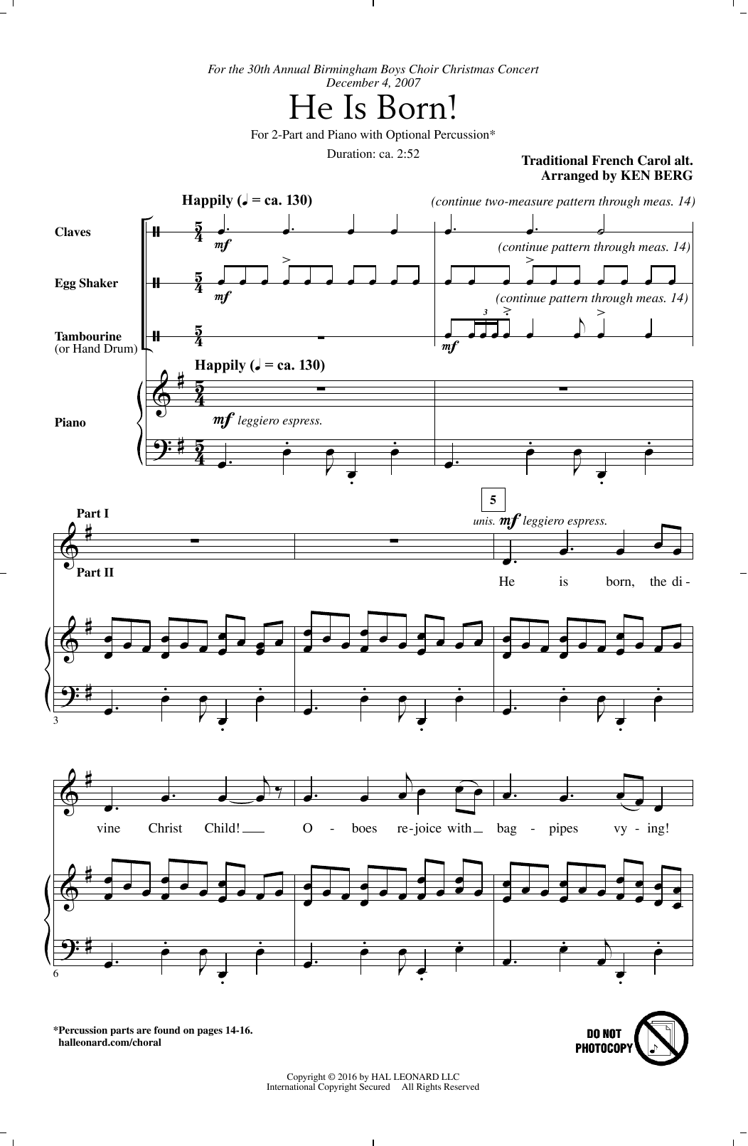 Ken Berg He Is Born! Sheet Music Notes & Chords for 2-Part Choir - Download or Print PDF