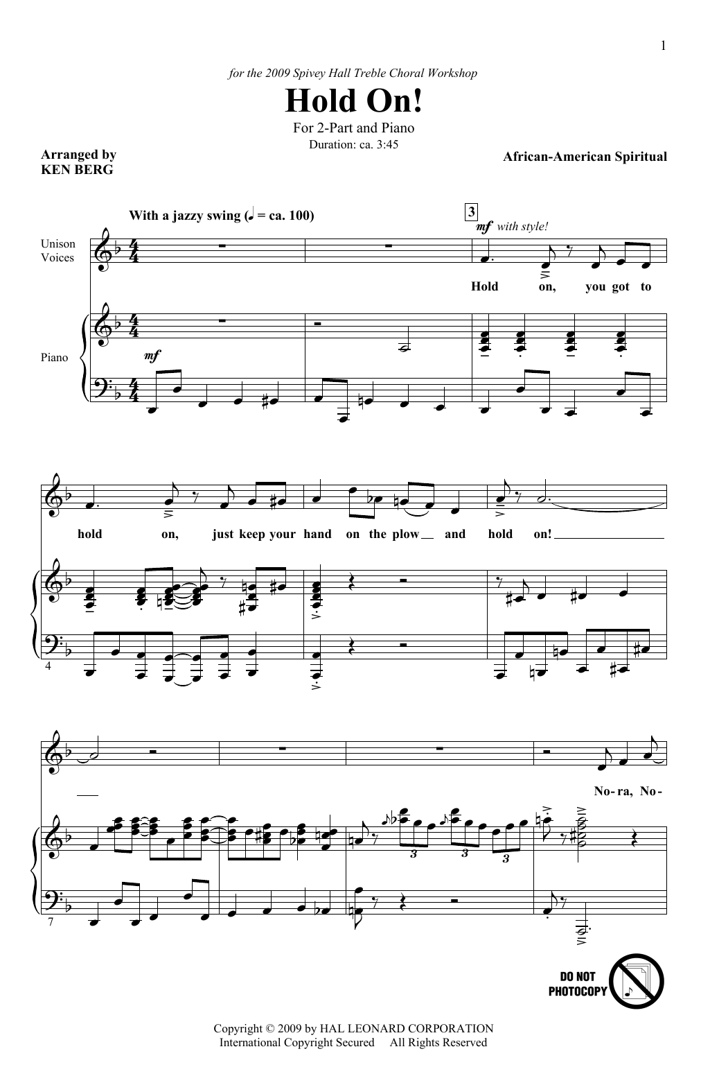 Ken Berg Hold On! Sheet Music Notes & Chords for 2-Part Choir - Download or Print PDF