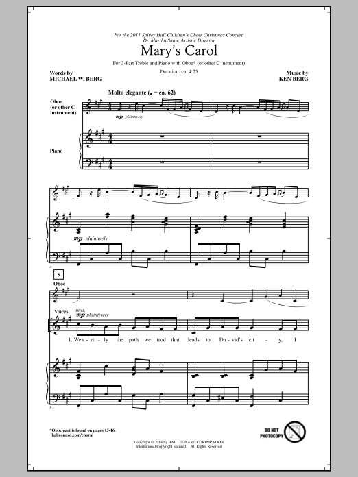 Ken Berg Mary's Carol Sheet Music Notes & Chords for 3-Part Treble - Download or Print PDF