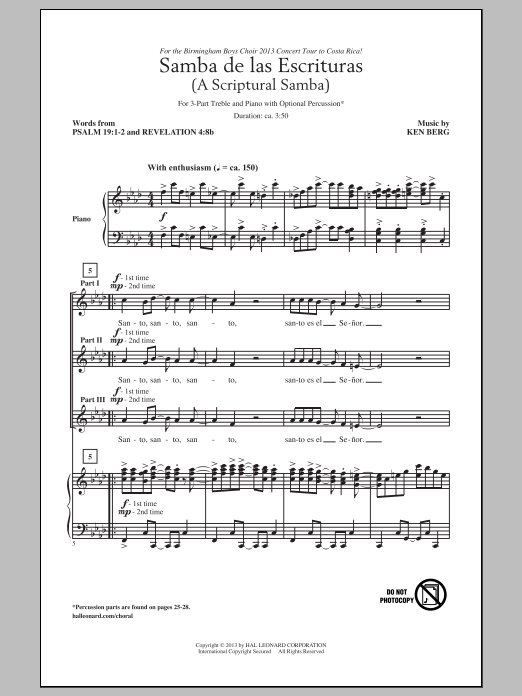 Ken Berg Samba De Las Escrituras Sheet Music Notes & Chords for 3-Part Treble - Download or Print PDF