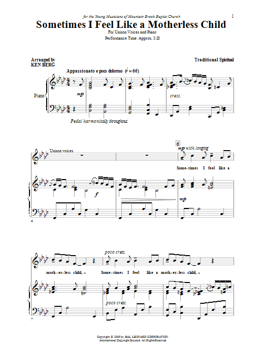 Ken Berg Sometimes I Feel Like A Motherless Child Sheet Music Notes & Chords for Unison Choral - Download or Print PDF