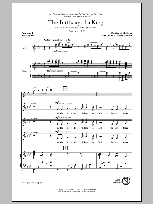 William H. Neidlinger The Birthday Of A King (arr. Ken Berg) Sheet Music Notes & Chords for 3-Part Treble - Download or Print PDF