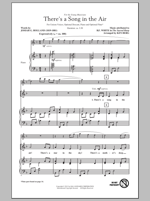 Ken Berg There's A Song In The Air Sheet Music Notes & Chords for Unison Choral - Download or Print PDF