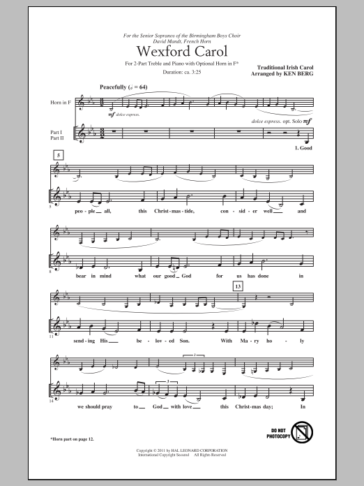 Ken Berg Wexford Carol Sheet Music Notes & Chords for 2-Part Choir - Download or Print PDF