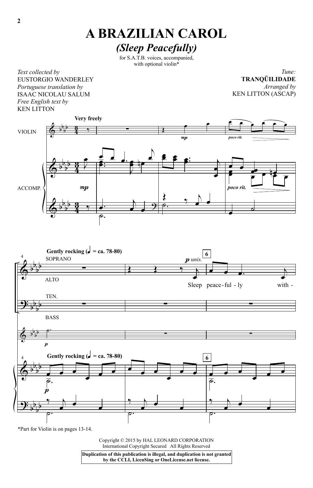 Traditional A Brazilian Carol (Sleep Peacefully) (arr. Ken Litton) Sheet Music Notes & Chords for SATB - Download or Print PDF