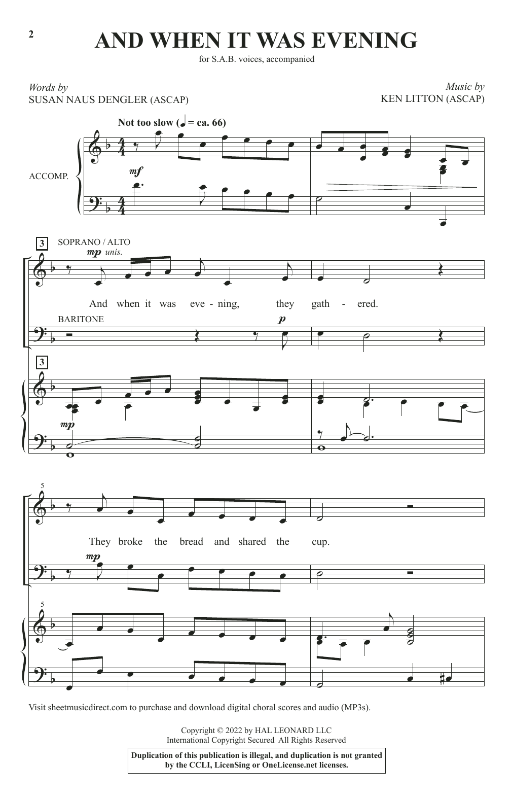 Ken Litton And When It Was Evening Sheet Music Notes & Chords for SAB Choir - Download or Print PDF