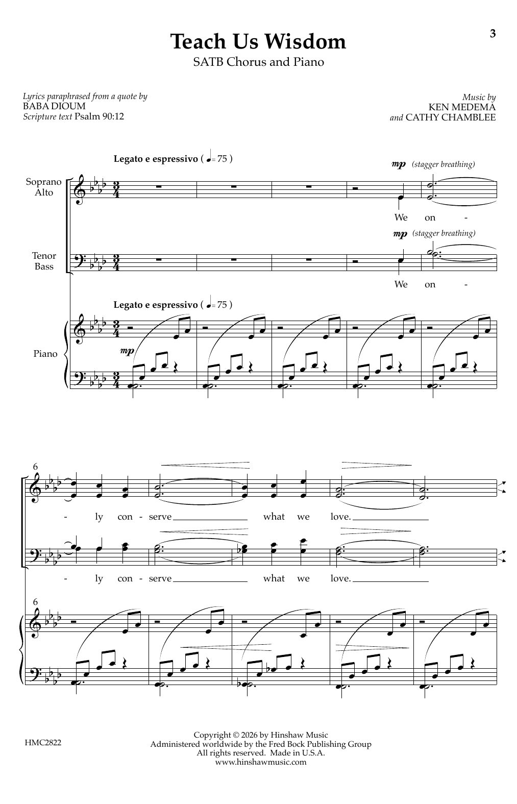 Ken Medema and Cathy Chamblee Teach Us Wisdom Sheet Music Notes & Chords for SATB Choir - Download or Print PDF