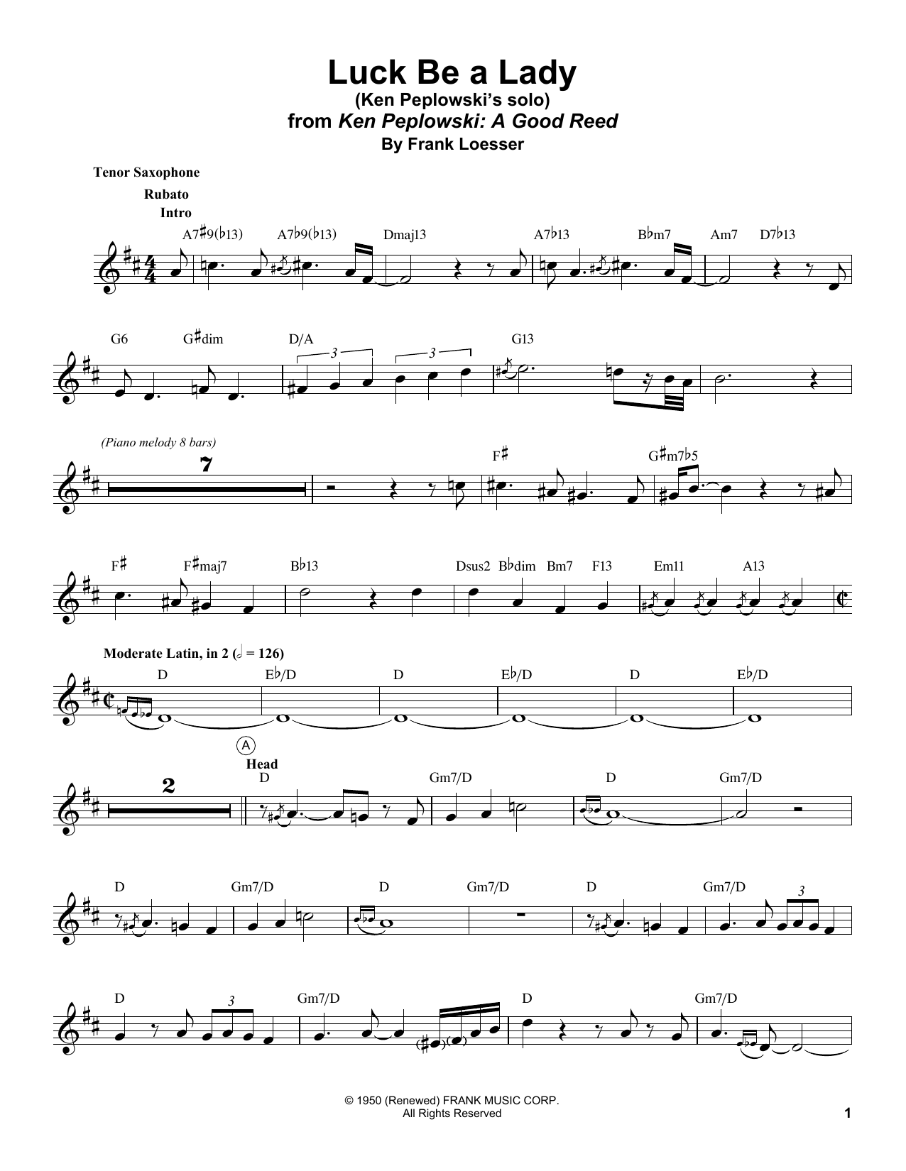 Ken Peplowski Luck Be A Lady Sheet Music Notes & Chords for Tenor Sax Transcription - Download or Print PDF