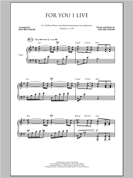 Ken Reynolds For You I Live Sheet Music Notes & Chords for SATB - Download or Print PDF