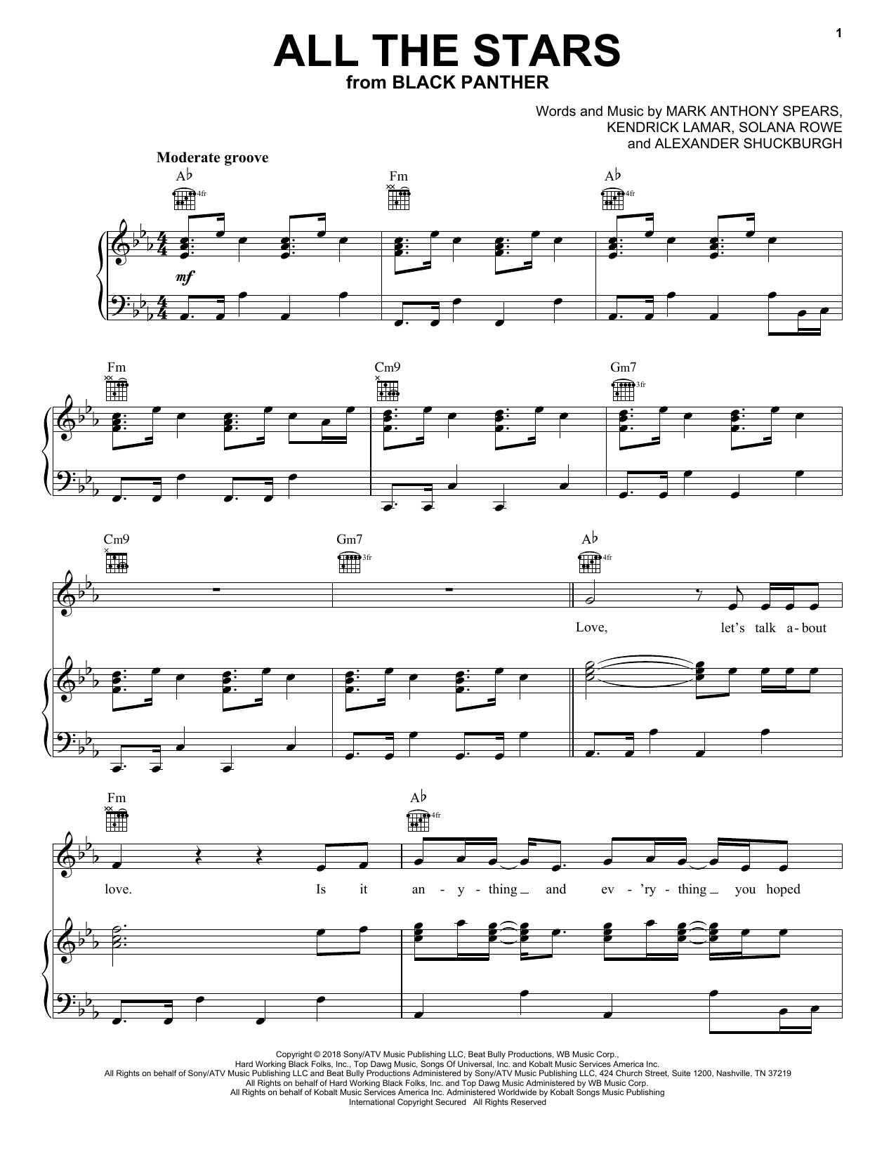 Kendrick Lamar and SZA All The Stars Sheet Music Notes & Chords for Piano, Vocal & Guitar (Right-Hand Melody) - Download or Print PDF