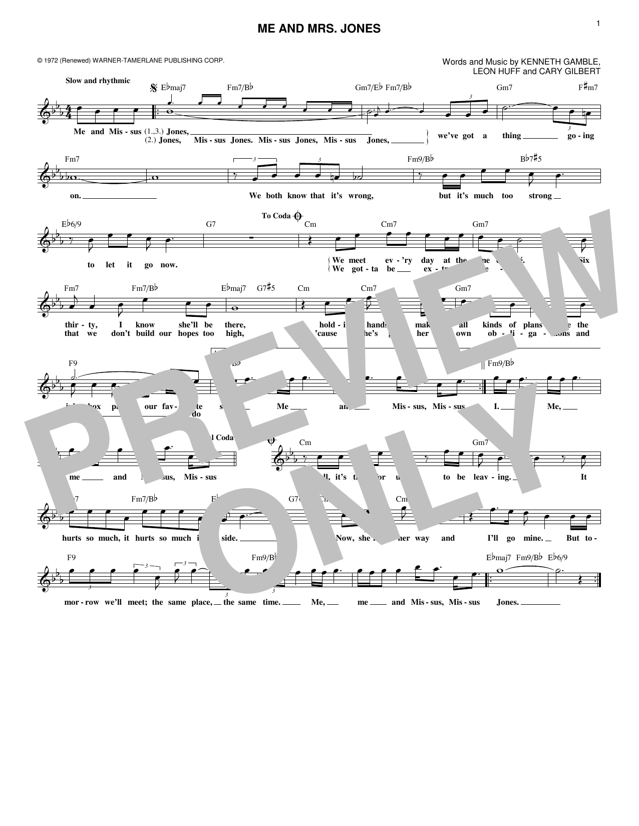 Kenneth Gamble Me And Mrs. Jones Sheet Music Notes & Chords for Melody Line, Lyrics & Chords - Download or Print PDF