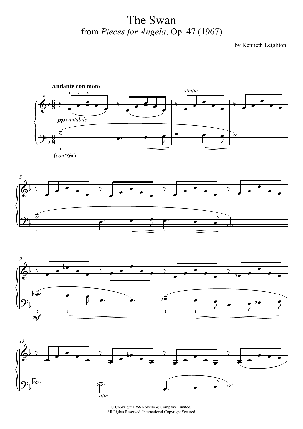 Kenneth Leighton The Swan (From Pieces For Angela) Sheet Music Notes & Chords for Piano - Download or Print PDF