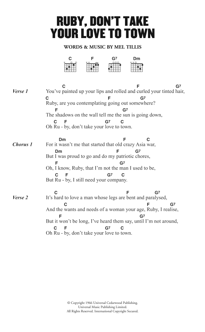 Kenny Rogers & The First Edition Ruby, Don't Take Your Love To Town Sheet Music Notes & Chords for Lyrics & Chords - Download or Print PDF