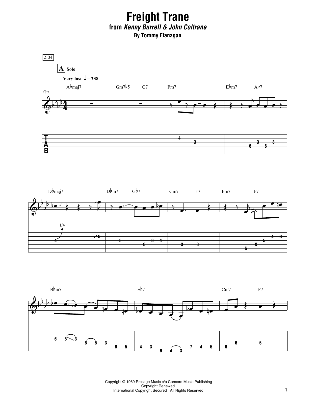 Kenny Burrell & John Coltrane Freight Trane Sheet Music Notes & Chords for Electric Guitar Transcription - Download or Print PDF