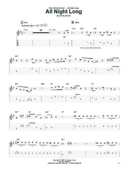 Kenny Burrell All Night Long Sheet Music Notes & Chords for Guitar Tab - Download or Print PDF