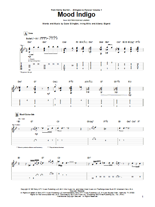 Kenny Burrell Mood Indigo Sheet Music Notes & Chords for Guitar Tab - Download or Print PDF