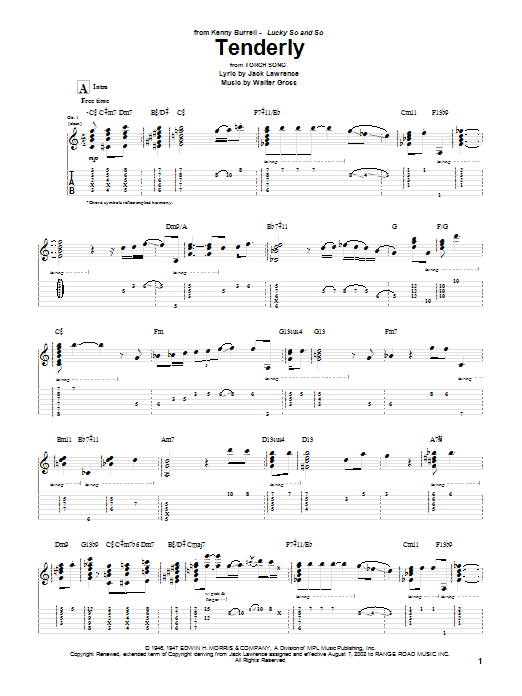 Kenny Burrell Tenderly Sheet Music Notes & Chords for Guitar Tab - Download or Print PDF