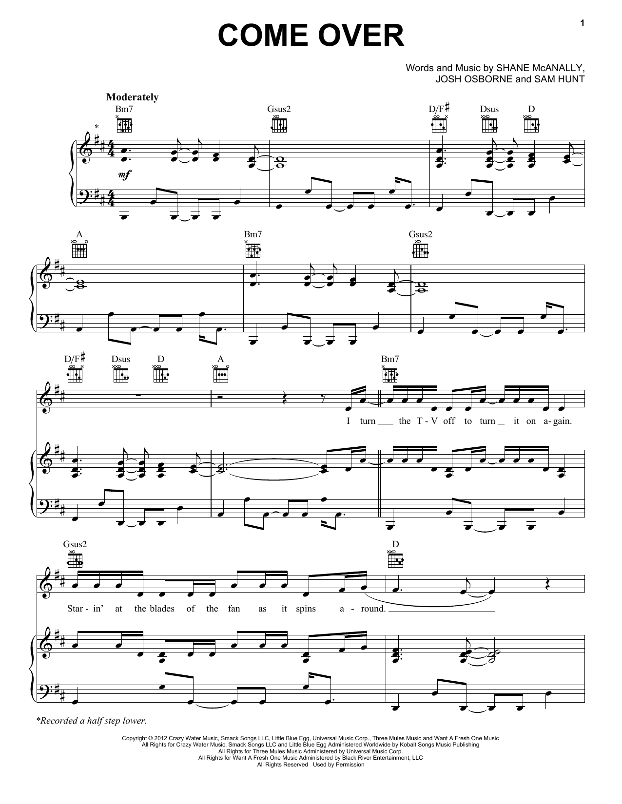 Kenny Chesney Come Over Sheet Music Notes & Chords for Piano, Vocal & Guitar (Right-Hand Melody) - Download or Print PDF