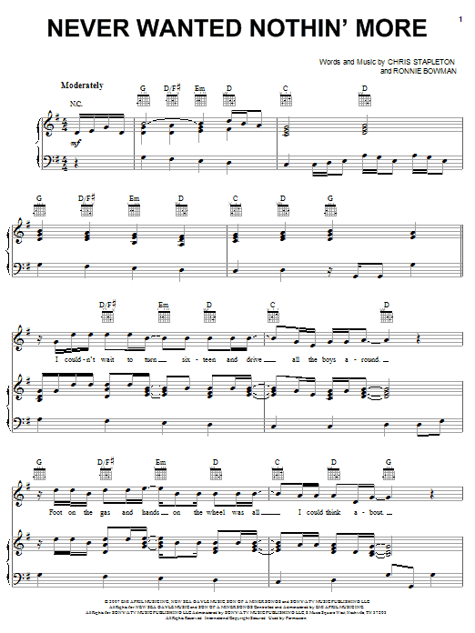 Kenny Chesney Never Wanted Nothin' More Sheet Music Notes & Chords for Piano, Vocal & Guitar (Right-Hand Melody) - Download or Print PDF