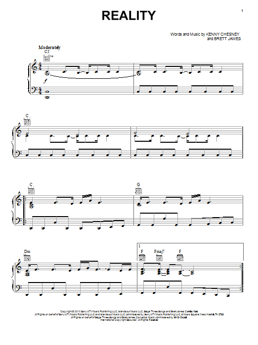 Kenny Chesney Reality Sheet Music Notes & Chords for Piano, Vocal & Guitar (Right-Hand Melody) - Download or Print PDF