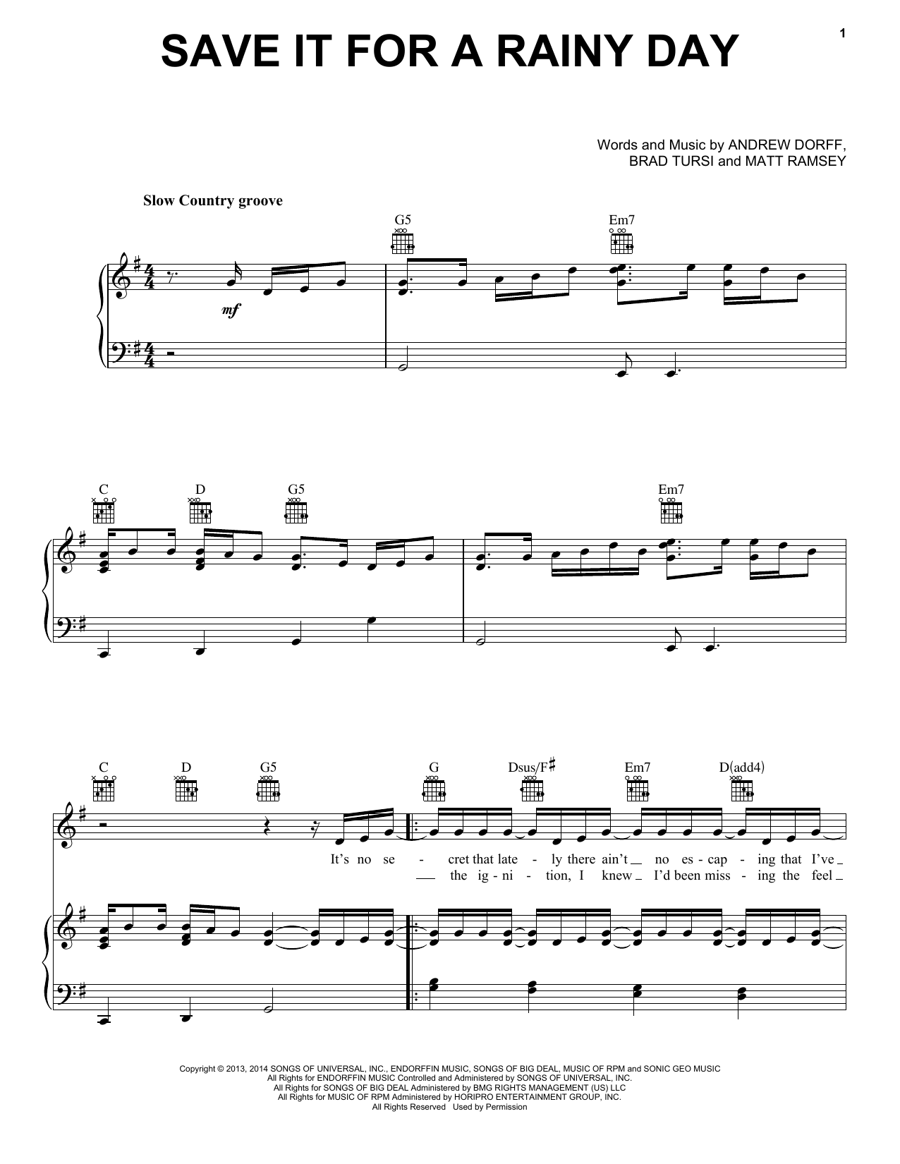 Kenny Chesney Save It For A Rainy Day Sheet Music Notes & Chords for Piano, Vocal & Guitar (Right-Hand Melody) - Download or Print PDF