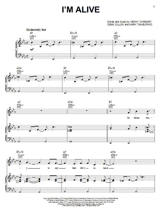 Kenny Chesney with Dave Matthews I'm Alive Sheet Music Notes & Chords for Piano, Vocal & Guitar (Right-Hand Melody) - Download or Print PDF Kenny Chesney with Dave Matthews I'm Alive Sheet Music Notes & Chords for Piano, Vocal & Guitar (Right-Hand Melody) - Download or Print PDF