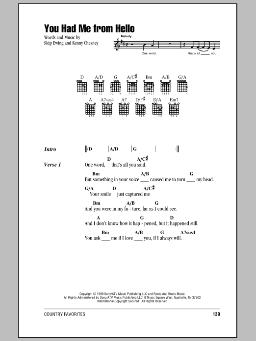 Kenny Chesney You Had Me From Hello Sheet Music Notes & Chords for Piano, Vocal & Guitar (Right-Hand Melody) - Download or Print PDF