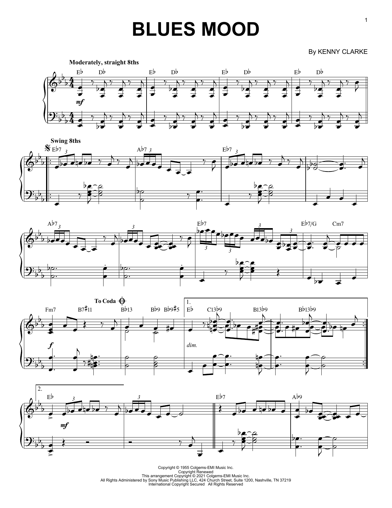 Kenny Clarke Blues Mood [Jazz version] (arr. Brent Edstrom) Sheet Music Notes & Chords for Piano Solo - Download or Print PDF