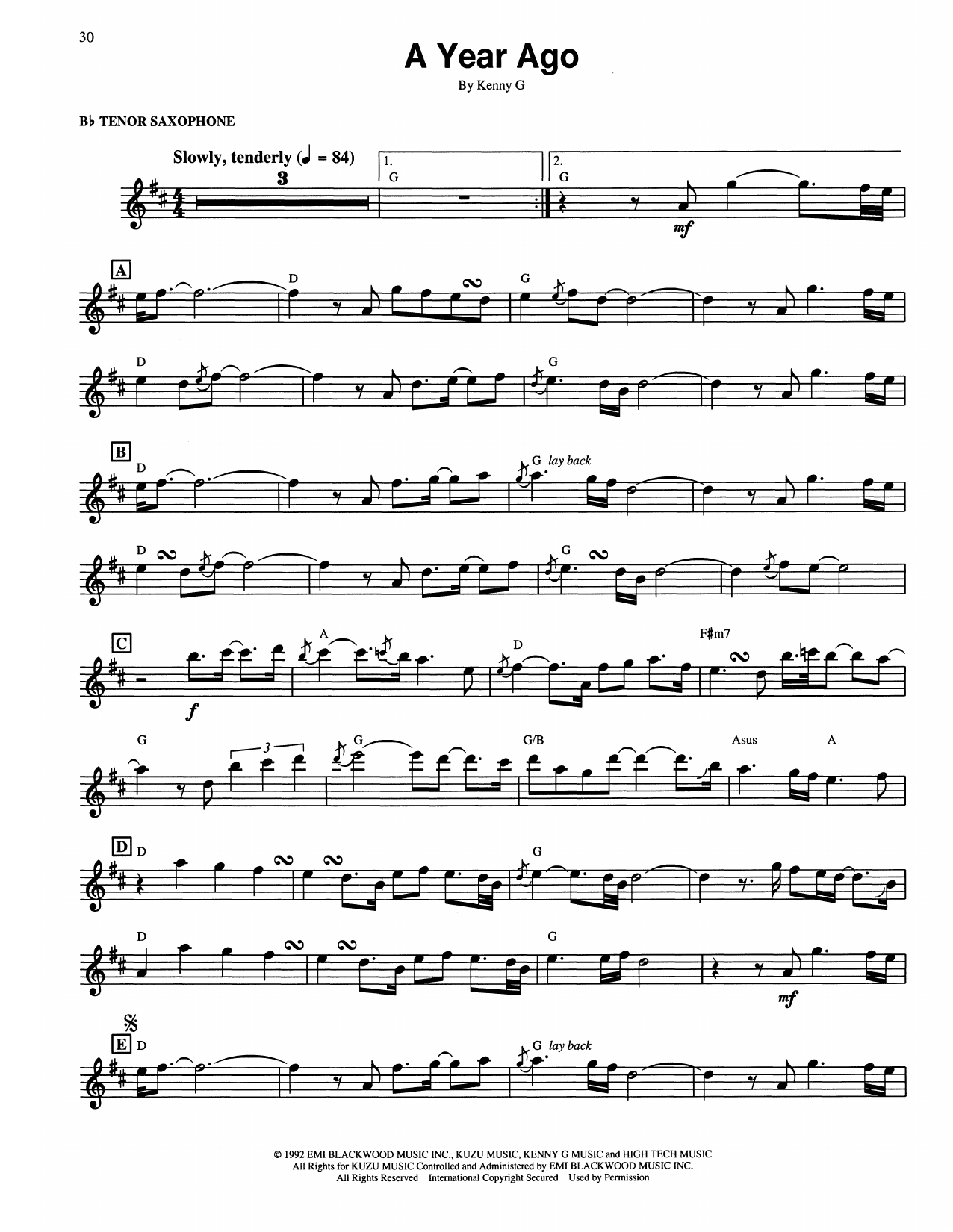 Kenny G A Year Ago Sheet Music Notes & Chords for Tenor Sax Transcription - Download or Print PDF