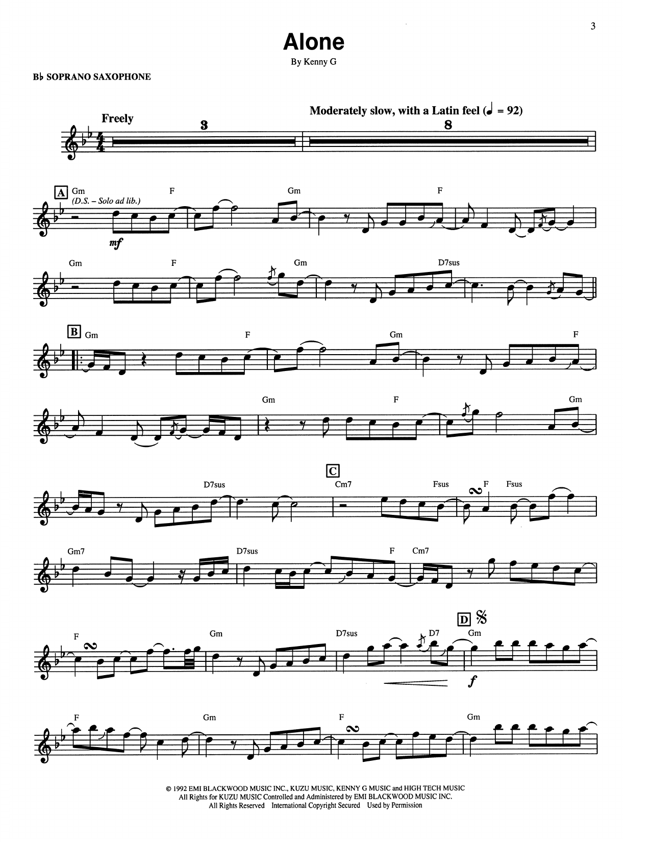 Kenny G Alone Sheet Music Notes & Chords for Soprano Sax Transcription - Download or Print PDF