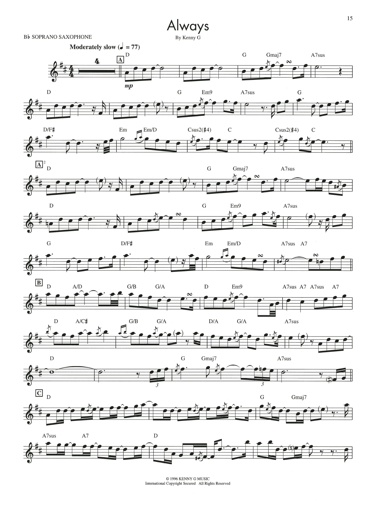 Kenny G Always Sheet Music Notes & Chords for Soprano Sax Transcription - Download or Print PDF