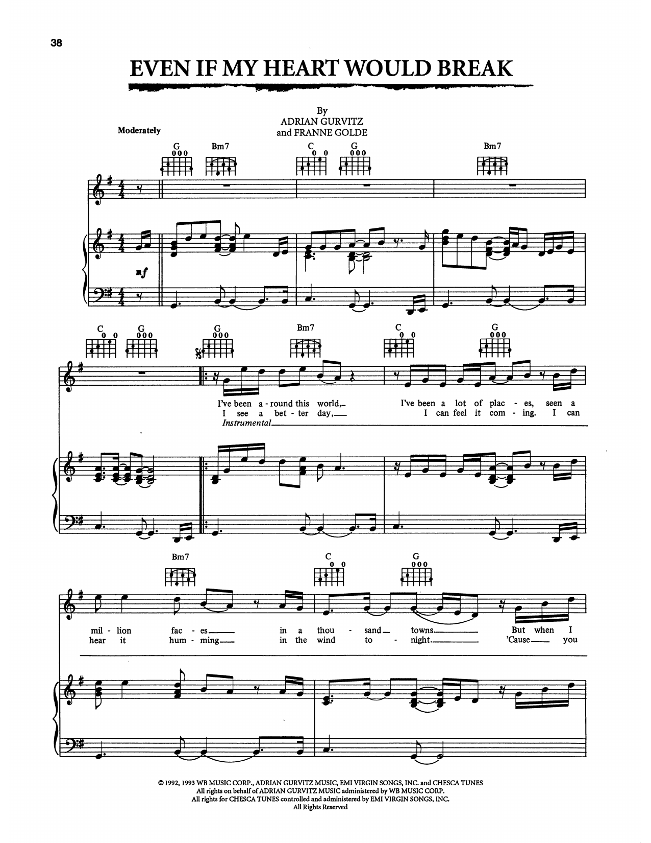 Kenny G and Aaron Neville Even If My Heart Would Break (from The Bodyguard) Sheet Music Notes & Chords for Piano, Vocal & Guitar Chords (Right-Hand Melody) - Download or Print PDF
