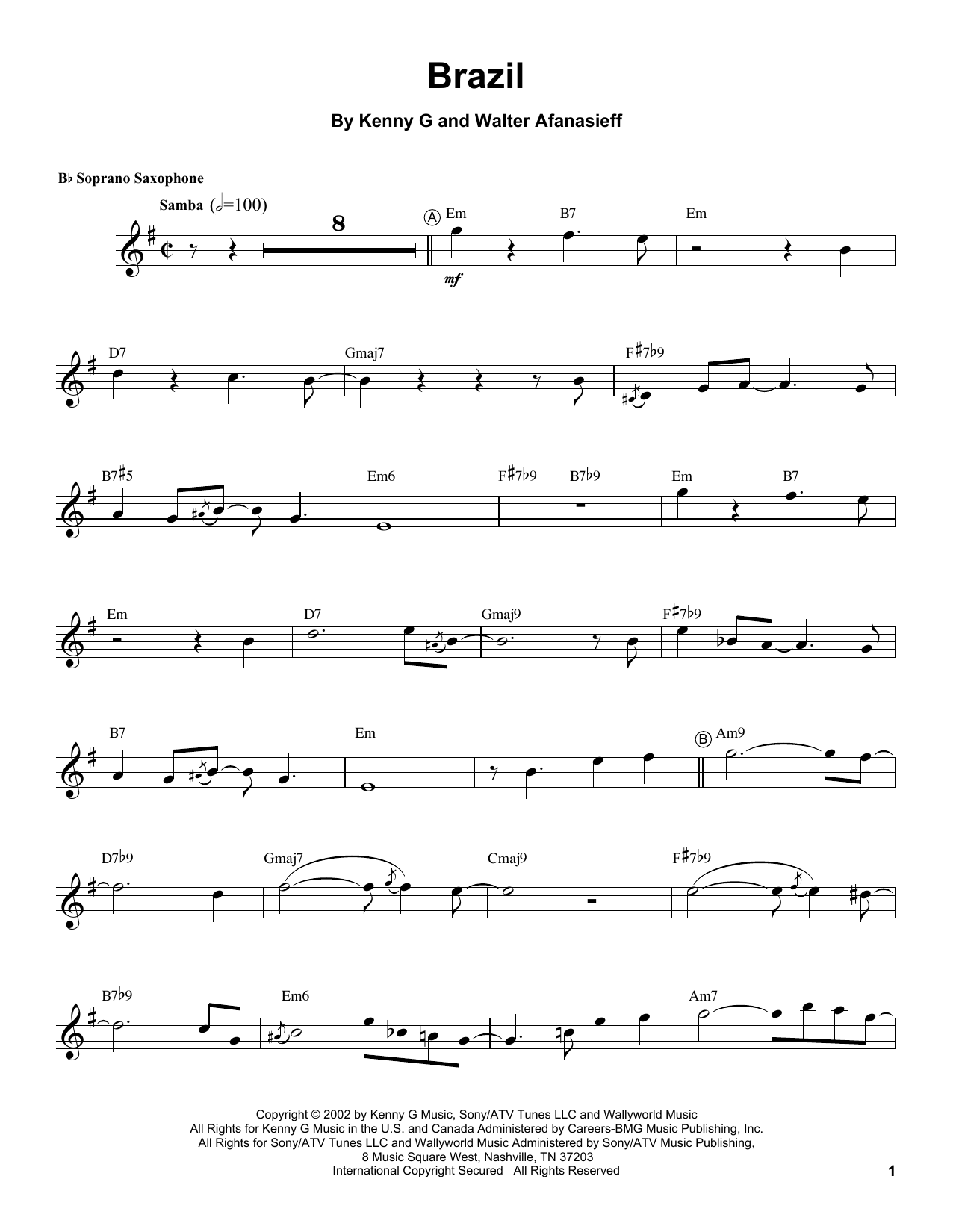Kenny G Brazil Sheet Music Notes & Chords for Soprano Sax Transcription - Download or Print PDF