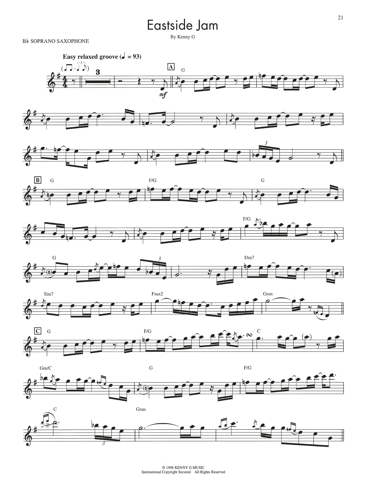 Kenny G Eastside Jam Sheet Music Notes & Chords for Soprano Sax Transcription - Download or Print PDF