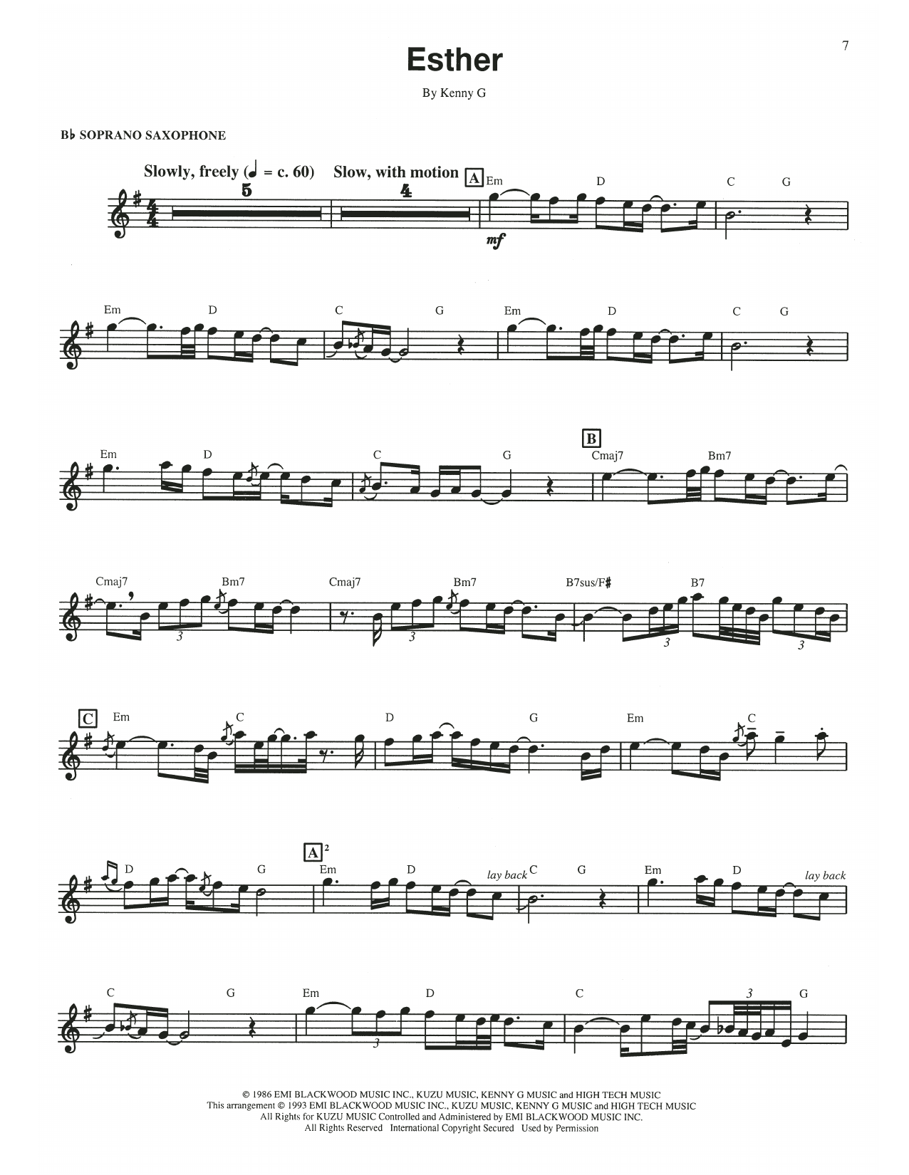 Kenny G Esther Sheet Music Notes & Chords for Soprano Sax Transcription - Download or Print PDF Kenny G Esther Sheet Music Notes & Chords for Soprano Sax Transcription - Download or Print PDF