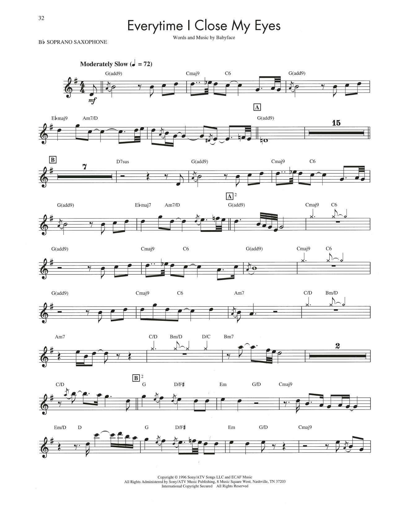 Kenny G Everytime I Close My Eyes Sheet Music Notes & Chords for Soprano Sax Transcription - Download or Print PDF