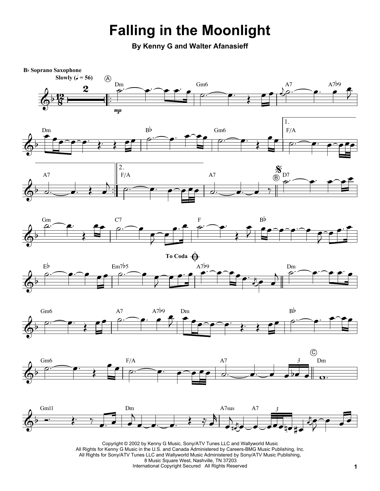 Kenny G Falling In The Moonlight Sheet Music Notes & Chords for Soprano Sax Transcription - Download or Print PDF