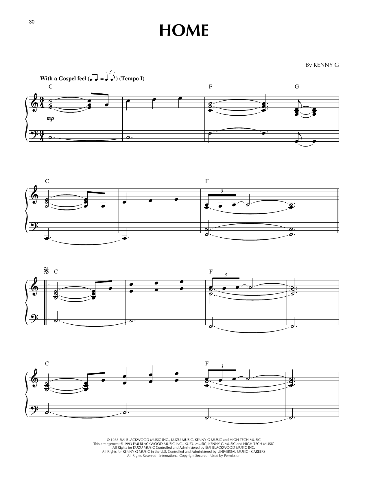 Kenny G Home (arr. Larry Moore) Sheet Music Notes & Chords for Piano Solo - Download or Print PDF