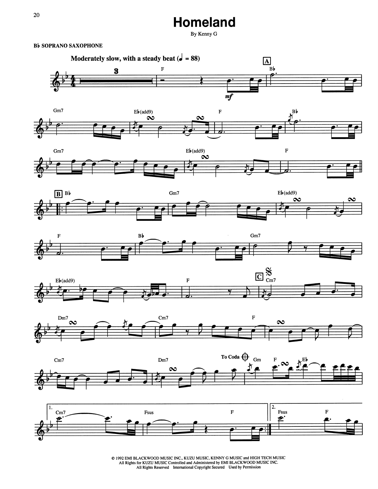 Kenny G Homeland Sheet Music Notes & Chords for Soprano Sax Transcription - Download or Print PDF